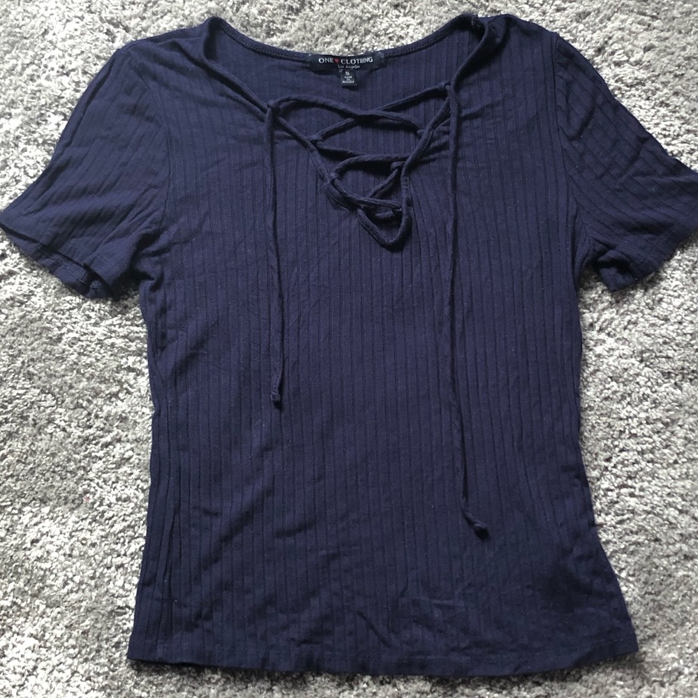 Fitted Ribbed Navy Top with Laces